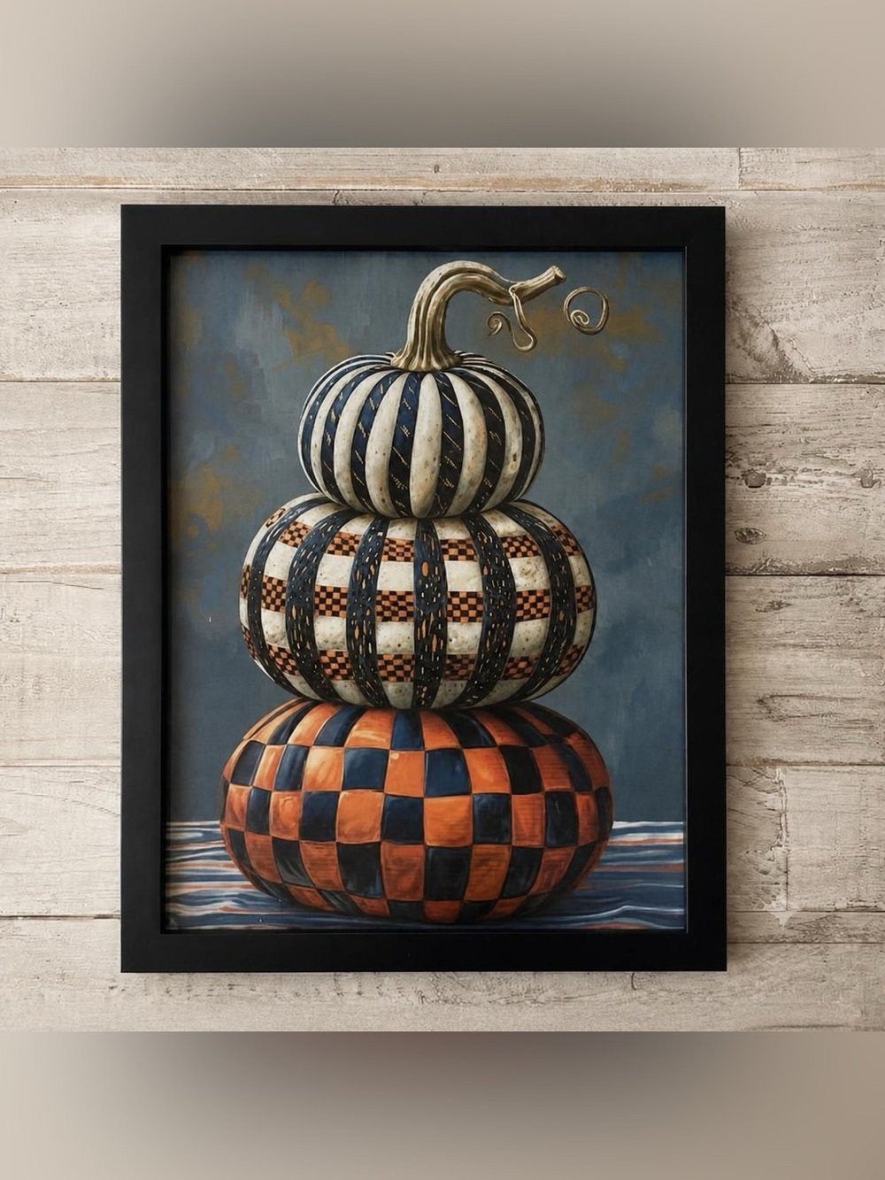 White and black checkered stacked pumpkins framed 8x10” print #halloween #autumn
